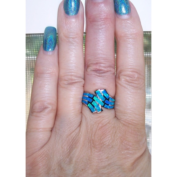 925 STERLING SILVER Lab Created Blue Fire Opal Wave Ring - Picture 2 of 16